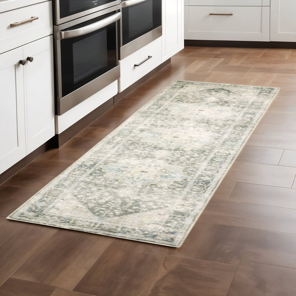 8' X 10' Grey Ivory And Blue Oriental Power Loom Stain Resistant Area Rug