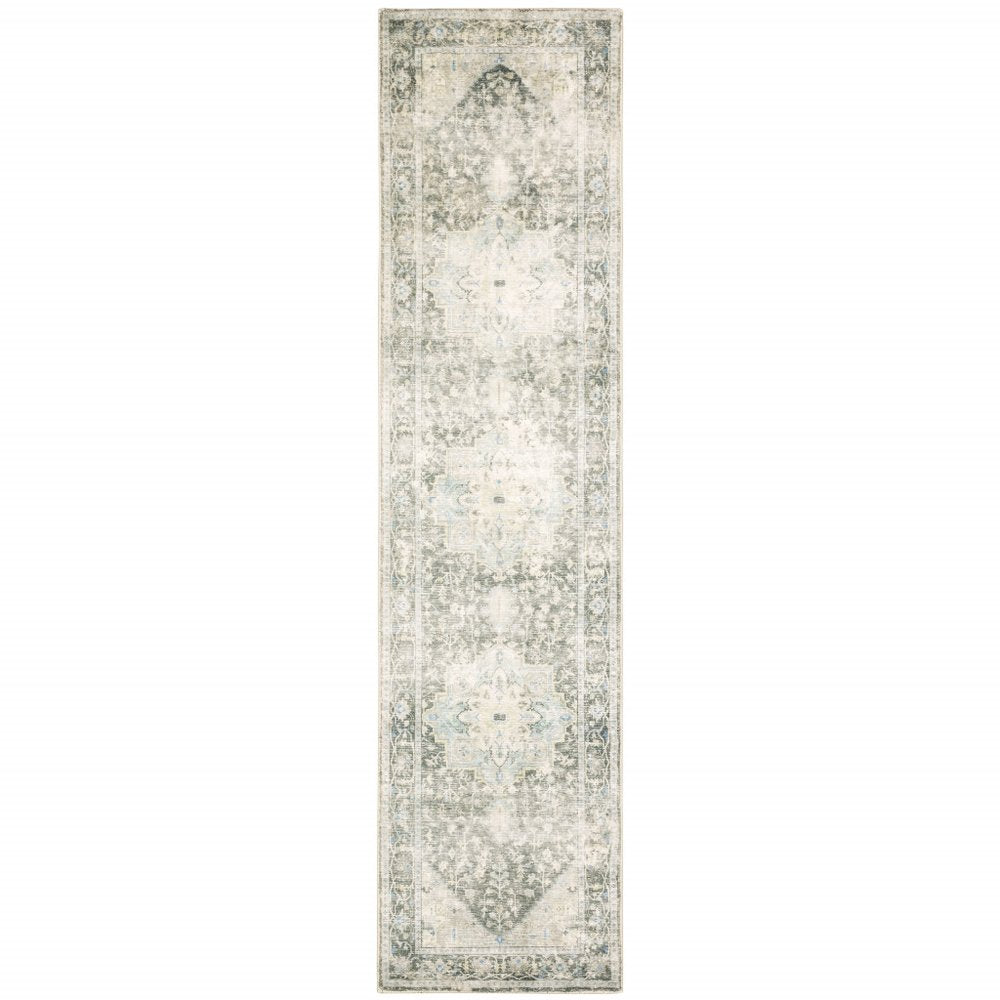 8' X 10' Grey Ivory And Blue Oriental Power Loom Stain Resistant Area Rug