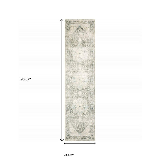 8' X 10' Grey Ivory And Blue Oriental Power Loom Stain Resistant Area Rug