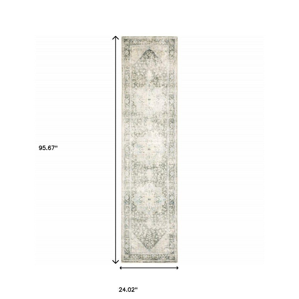 8' X 10' Grey Ivory And Blue Oriental Power Loom Stain Resistant Area Rug