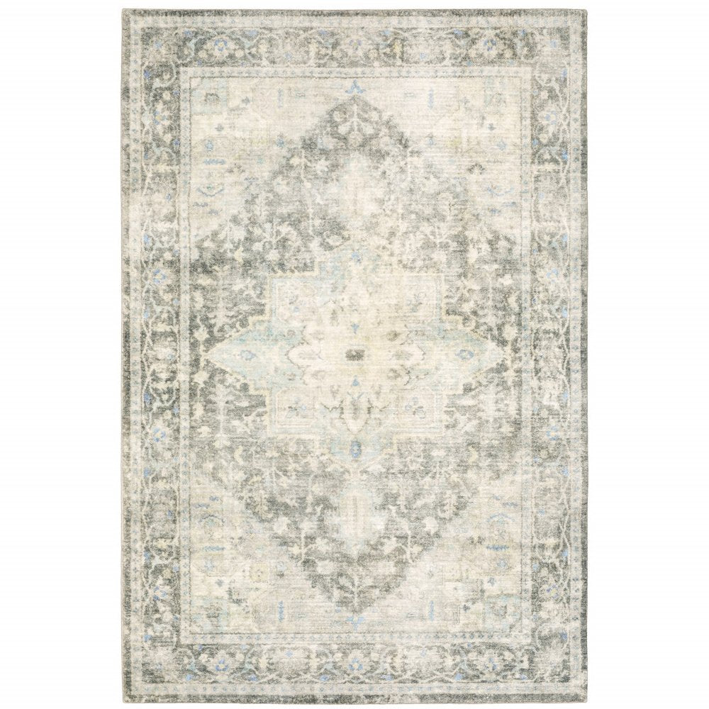8' X 10' Grey Ivory And Blue Oriental Power Loom Stain Resistant Area Rug