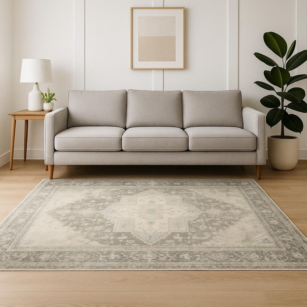 8' X 10' Grey Ivory And Blue Oriental Power Loom Stain Resistant Area Rug