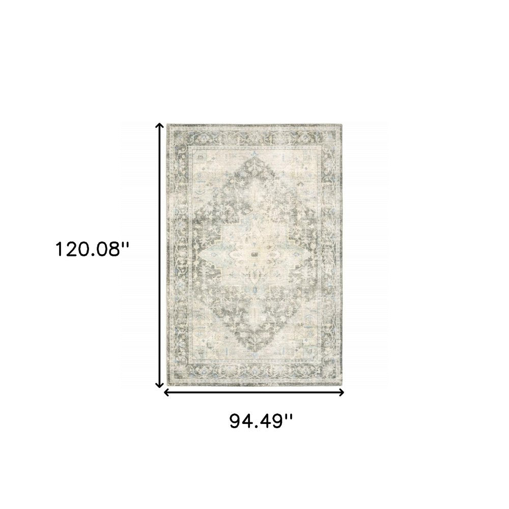 8' X 10' Grey Ivory And Blue Oriental Power Loom Stain Resistant Area Rug