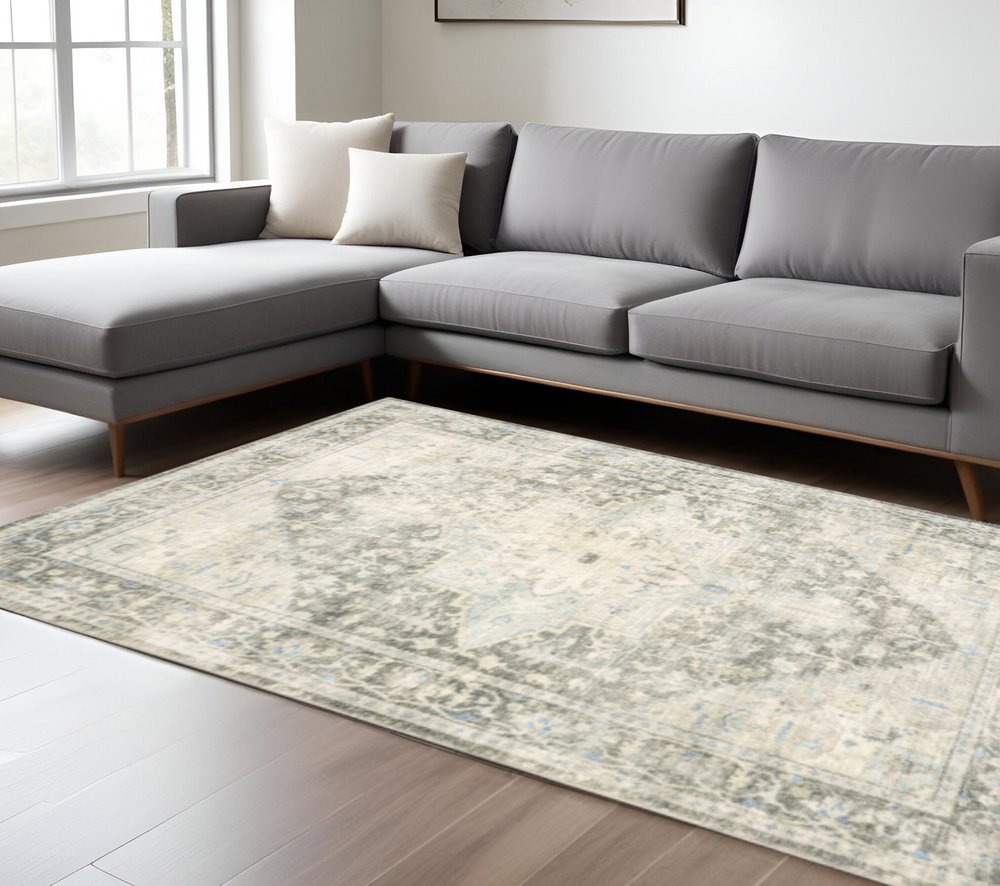 8' X 10' Grey Ivory And Blue Oriental Power Loom Stain Resistant Area Rug