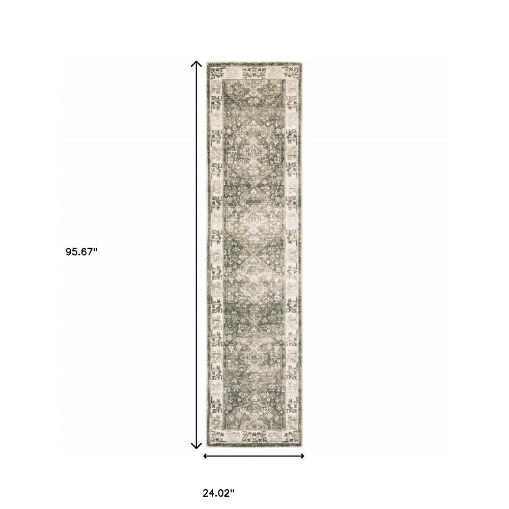 8' Gray and Ivory Oriental Power Loom Runner Rug