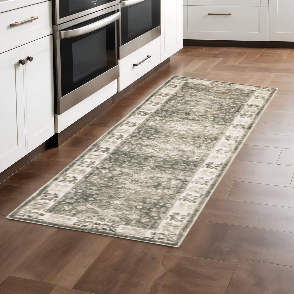 8' Gray and Ivory Oriental Power Loom Runner Rug