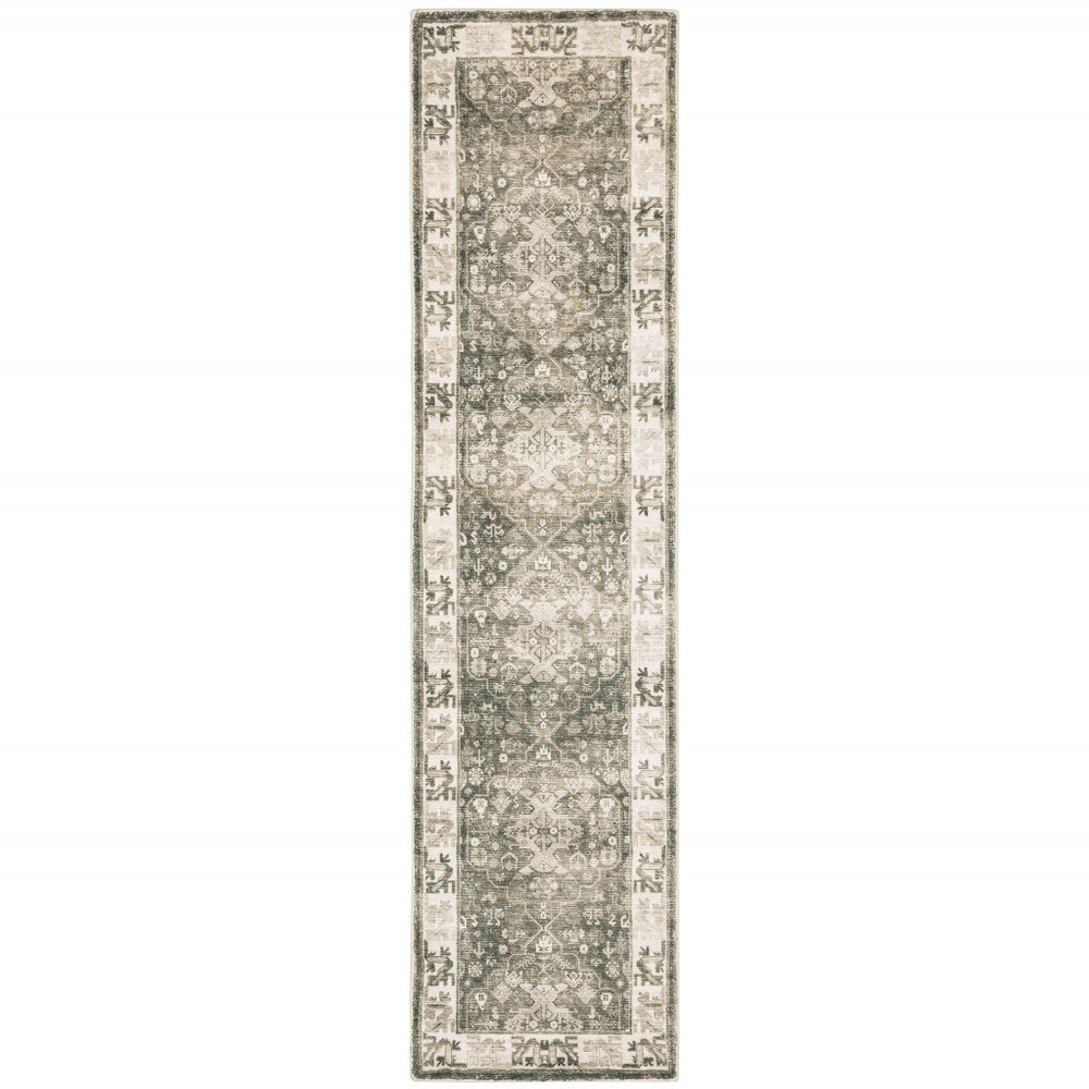 8' Gray and Ivory Oriental Power Loom Runner Rug