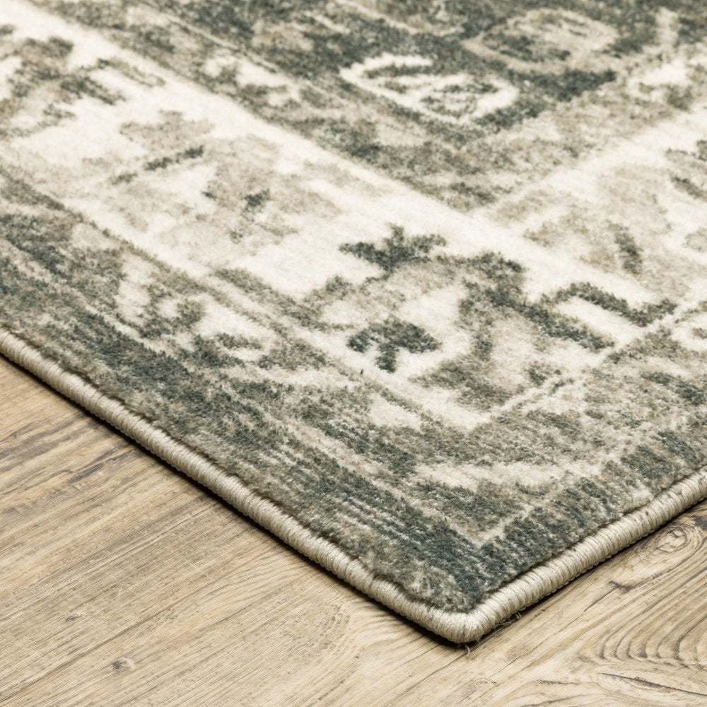 8' Gray and Ivory Oriental Power Loom Runner Rug