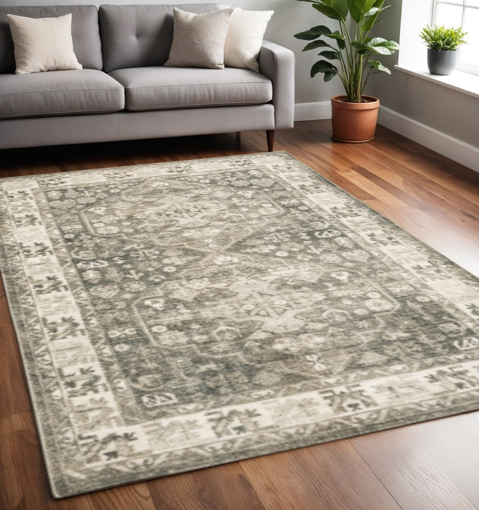 8' Gray and Ivory Oriental Power Loom Runner Rug