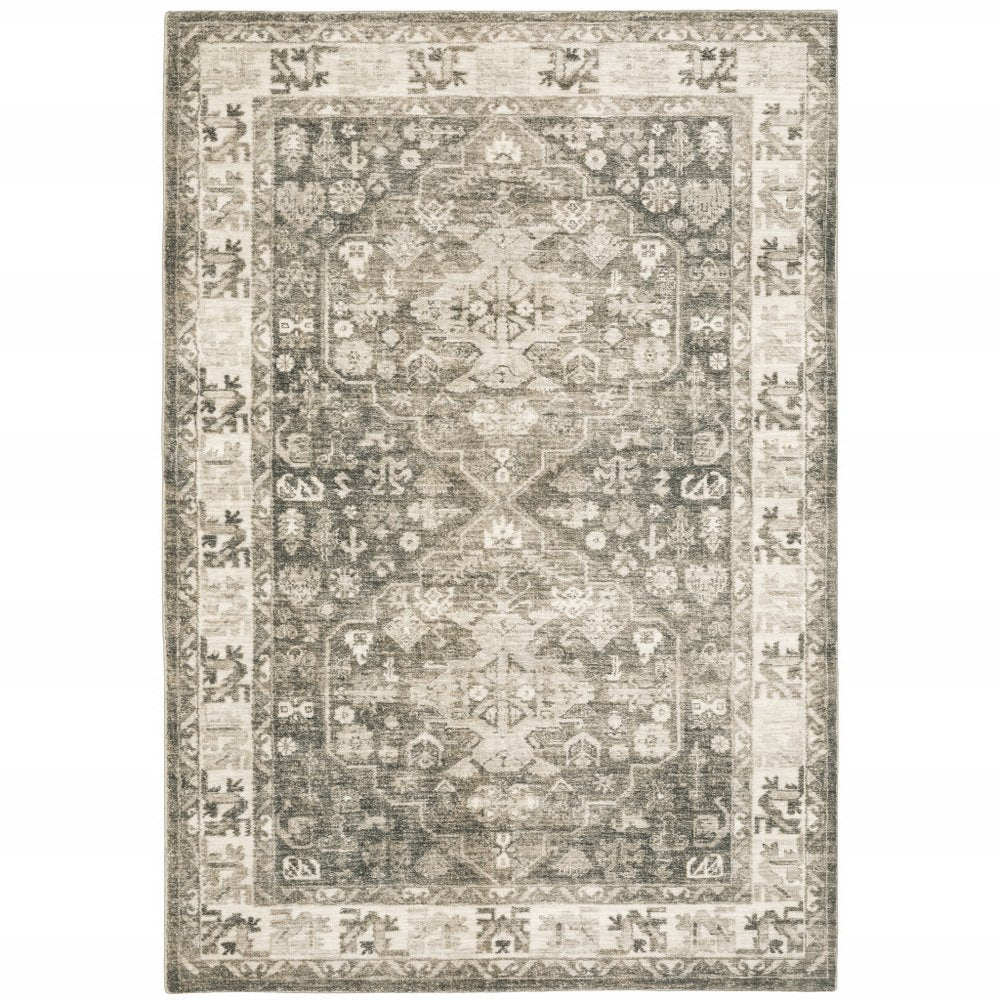 8' Gray and Ivory Oriental Power Loom Runner Rug