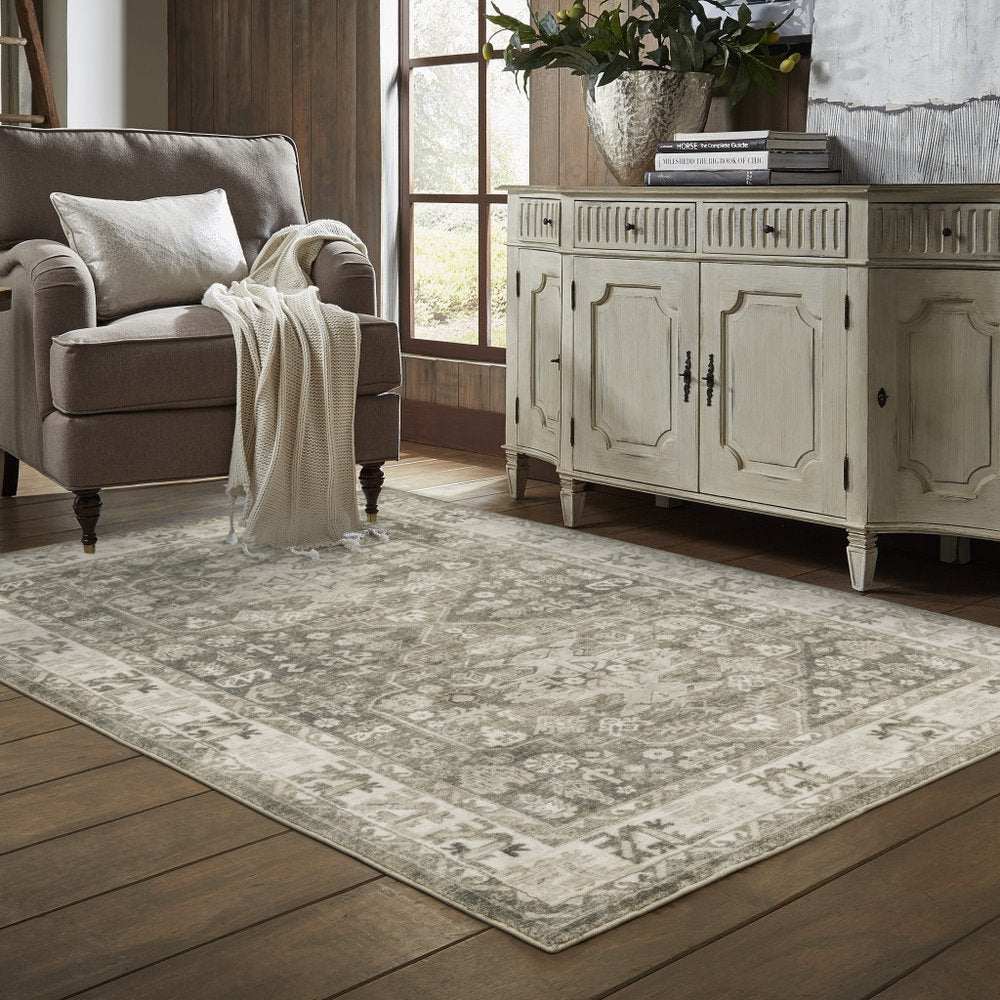 8' Gray and Ivory Oriental Power Loom Runner Rug