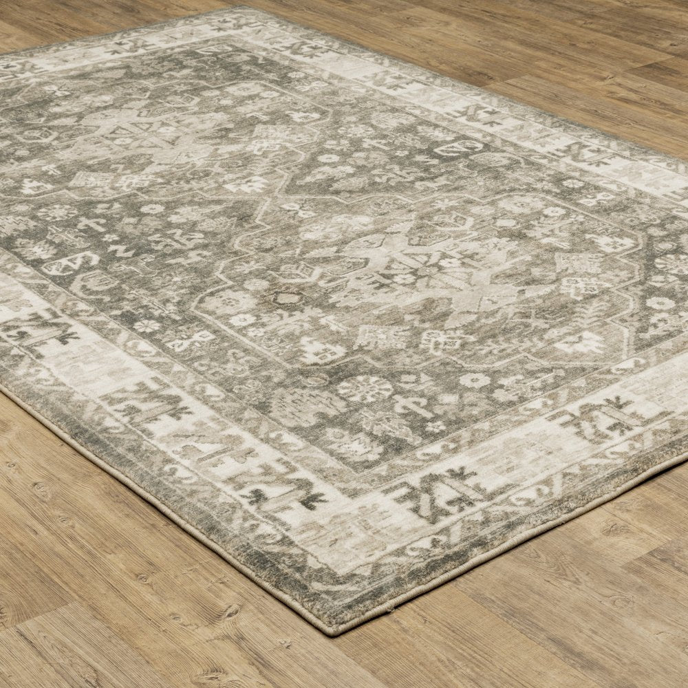 8' Gray and Ivory Oriental Power Loom Runner Rug