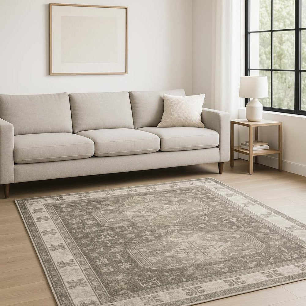 8' Gray and Ivory Oriental Power Loom Runner Rug