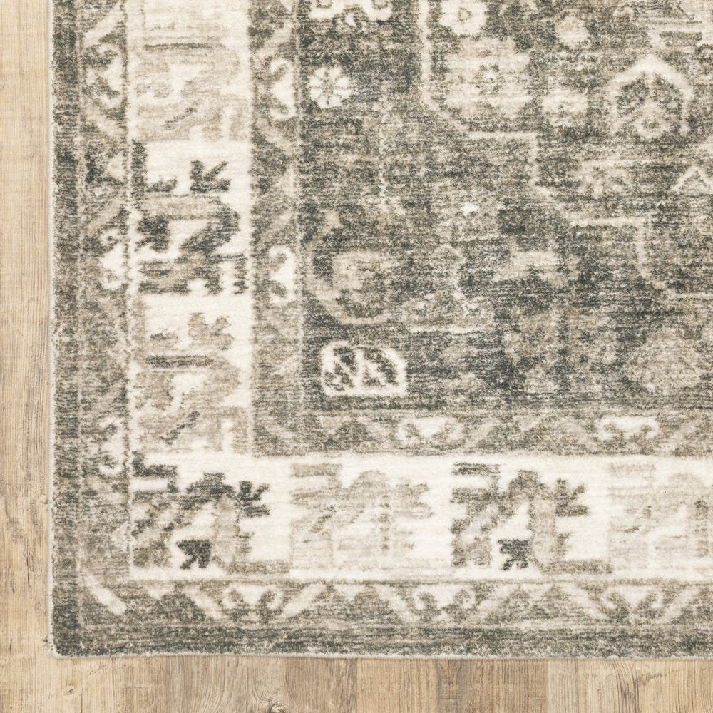 8' Gray and Ivory Oriental Power Loom Runner Rug