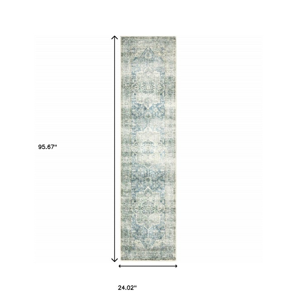8' X 10' Grey Blue And Ivory Oriental Power Loom Stain Resistant Area Rug