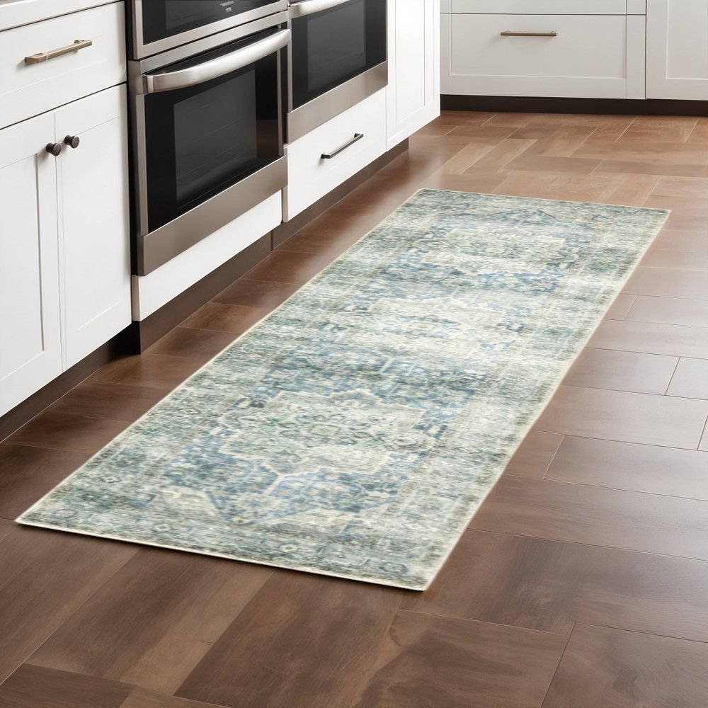 8' X 10' Grey Blue And Ivory Oriental Power Loom Stain Resistant Area Rug