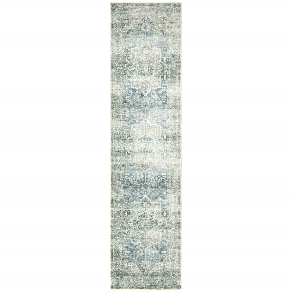8' X 10' Grey Blue And Ivory Oriental Power Loom Stain Resistant Area Rug