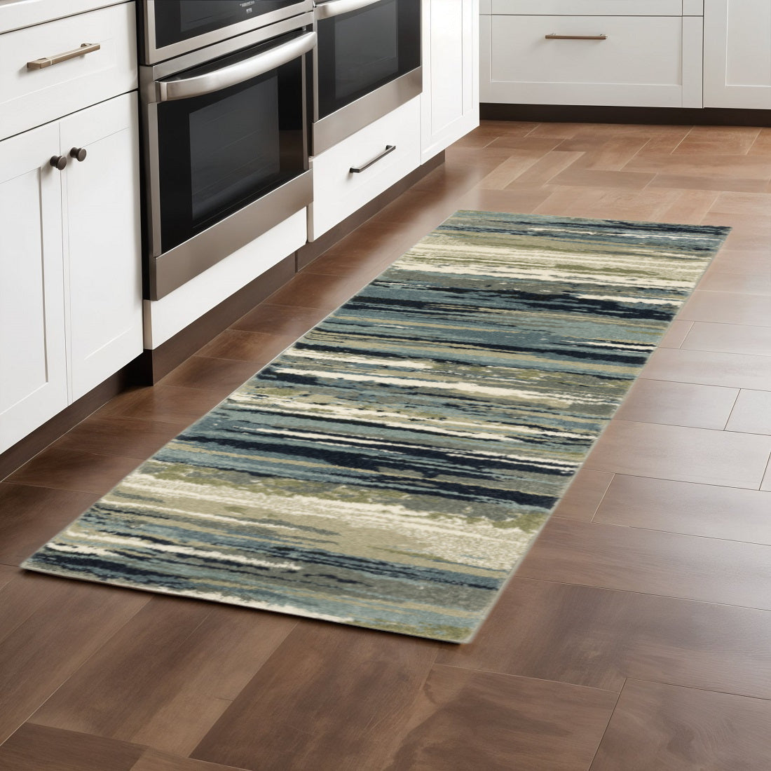 10' X 13' Blue Green Grey Light Blue And Beige Abstract Power Loom Stain Resistant Area Rug