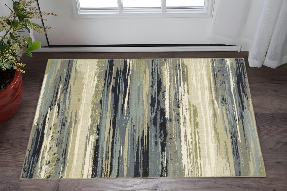 10' X 13' Blue Green Grey Light Blue And Beige Abstract Power Loom Stain Resistant Area Rug