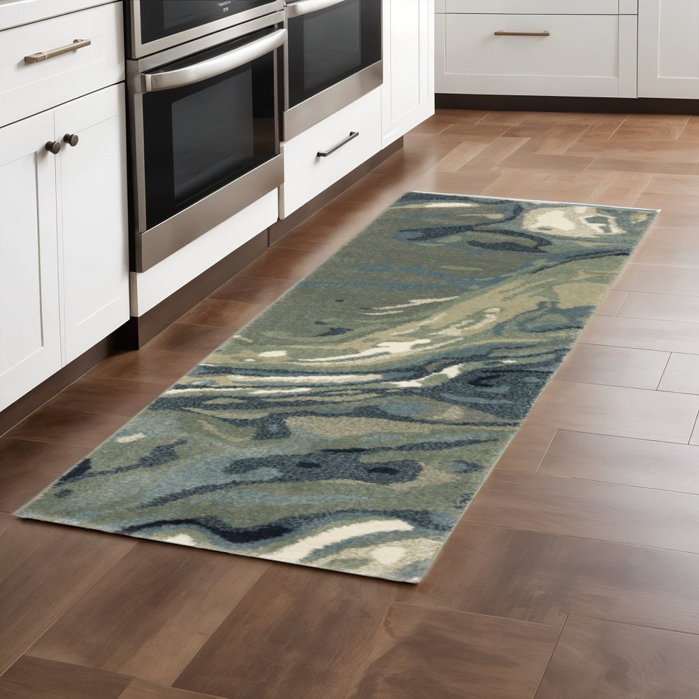 10' X 13' Blue Green And Grey Abstract Power Loom Stain Resistant Area Rug