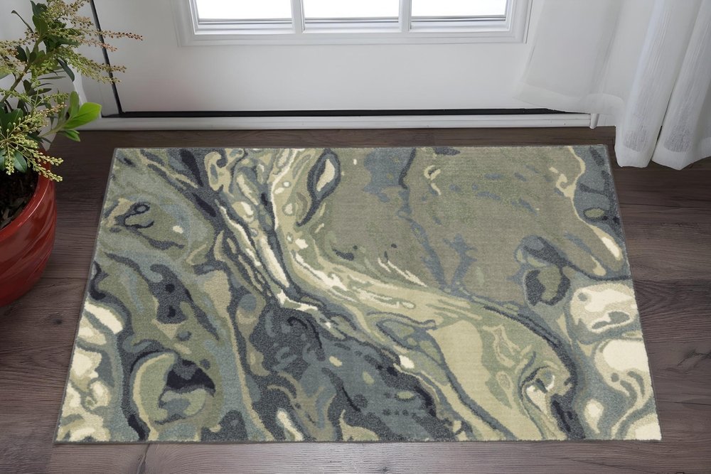 10' X 13' Blue Green And Grey Abstract Power Loom Stain Resistant Area Rug