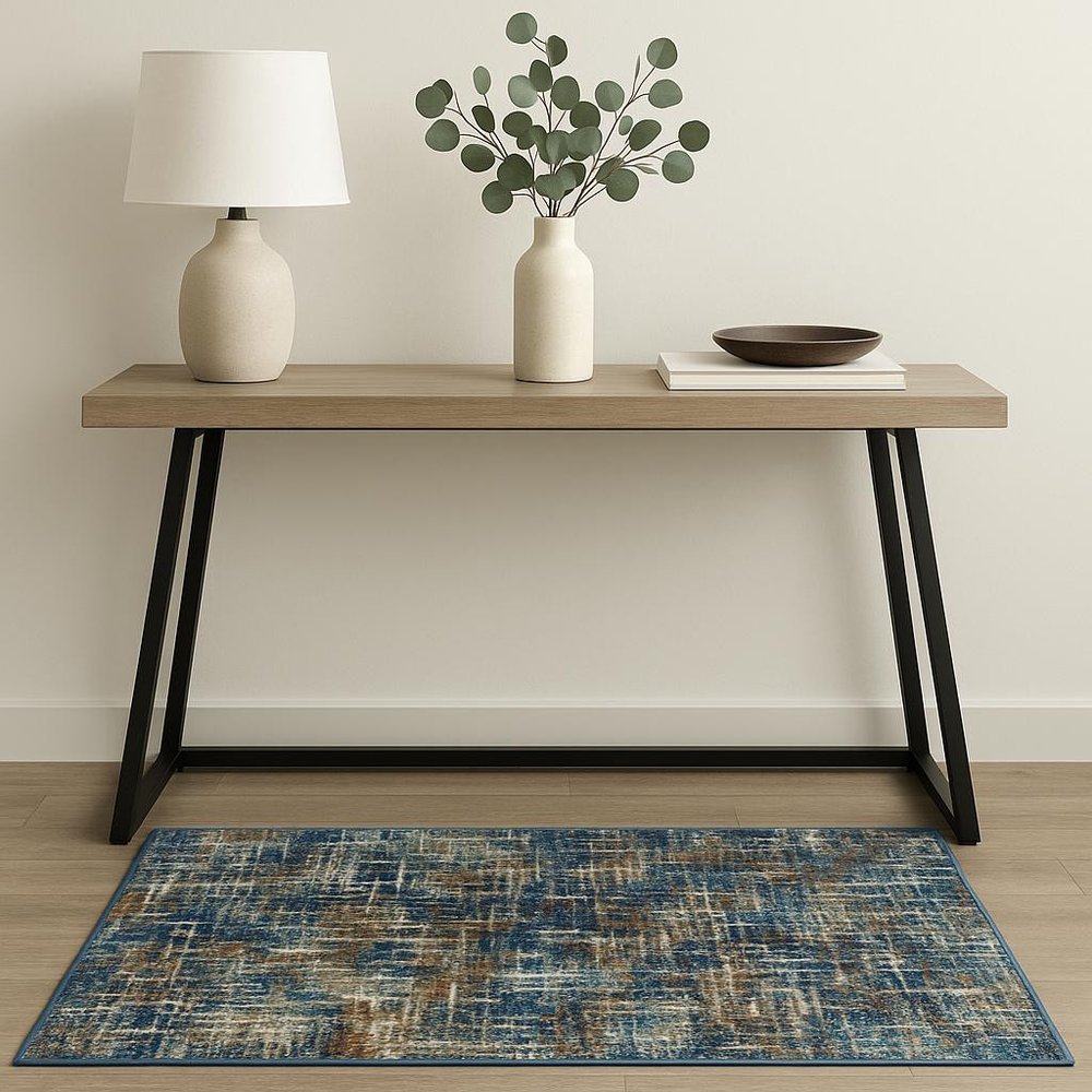 5' X 7' Blue Teal Gold Rust And Beige Abstract Power Loom Stain Resistant Area Rug
