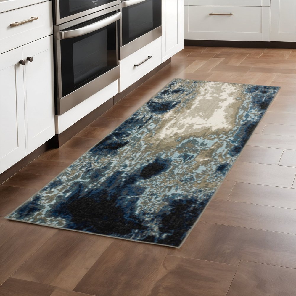 2' X 8' Blue Grey Charcoal And Beige Abstract Power Loom Stain Resistant Runner Rug