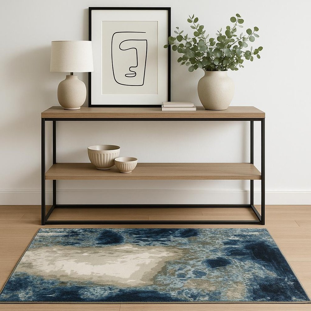 2' X 8' Blue Grey Charcoal And Beige Abstract Power Loom Stain Resistant Runner Rug