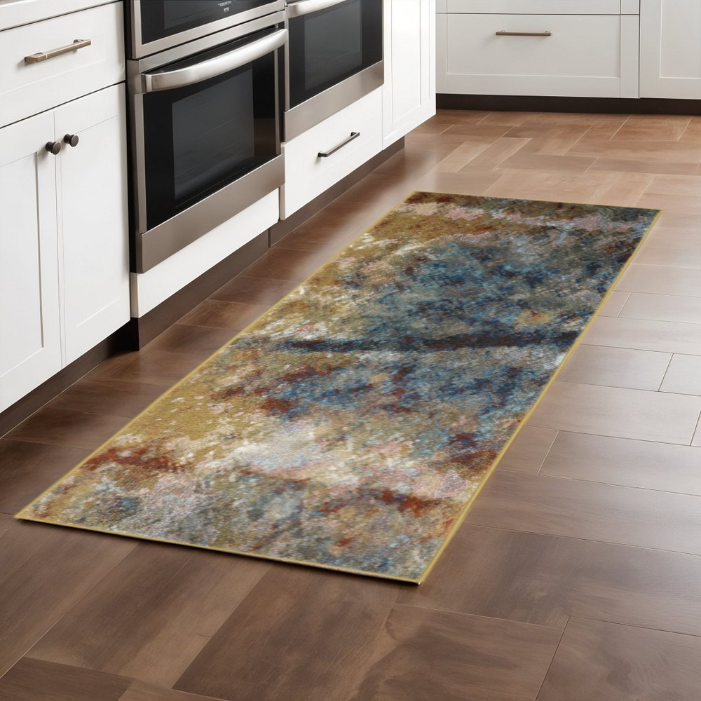 7' X 9' Blue And Gold Abstract Area Rug