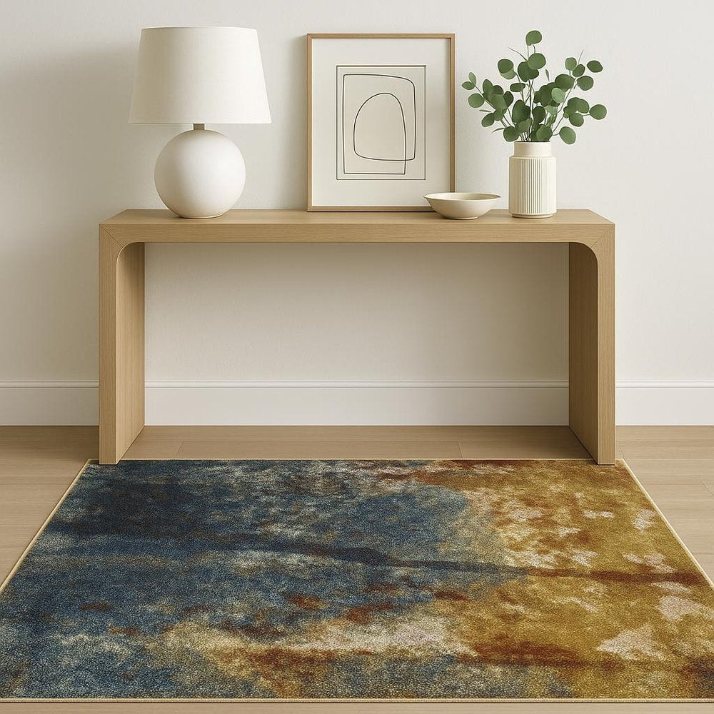 7' X 9' Blue And Gold Abstract Area Rug