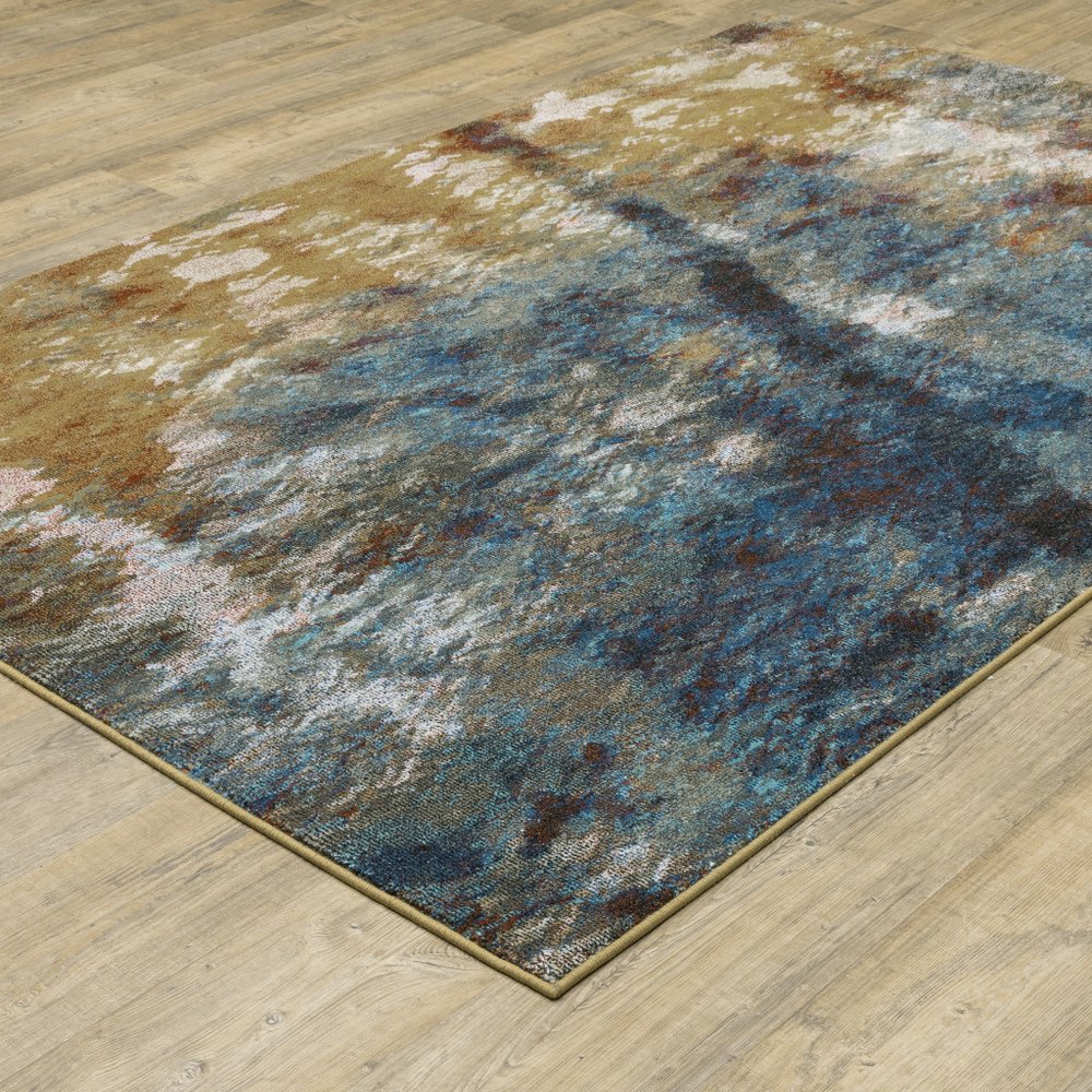 7' X 9' Blue And Gold Abstract Area Rug