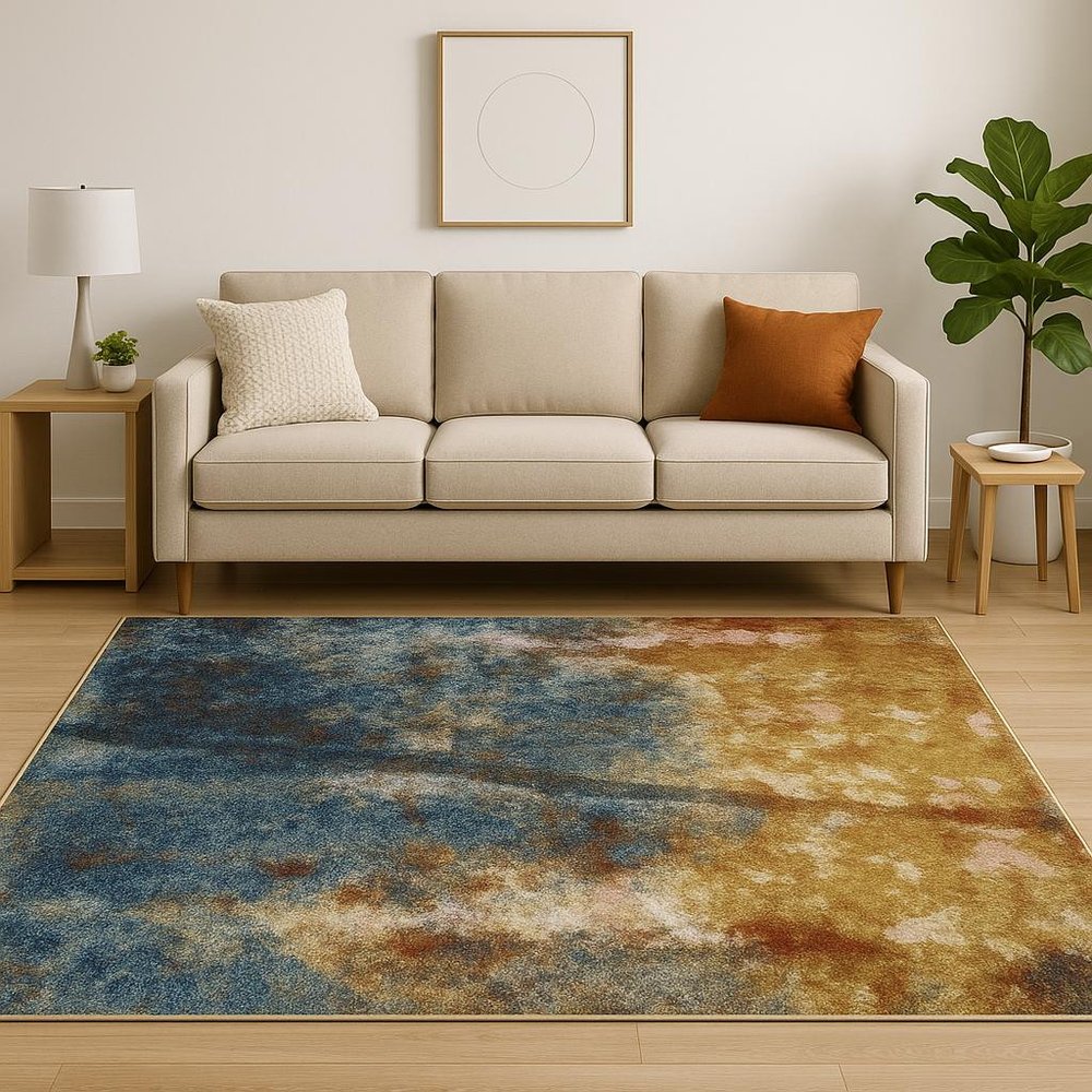 7' X 9' Blue And Gold Abstract Area Rug