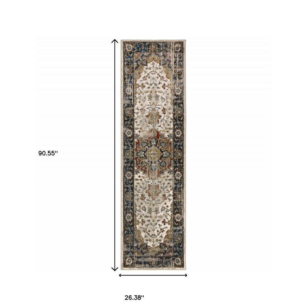 2' X 8' Beige Blue Green Rust And Grey Oriental Power Loom Stain Resistant Runner Rug