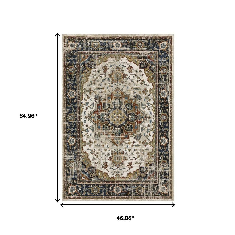 2' X 8' Beige Blue Green Rust And Grey Oriental Power Loom Stain Resistant Runner Rug