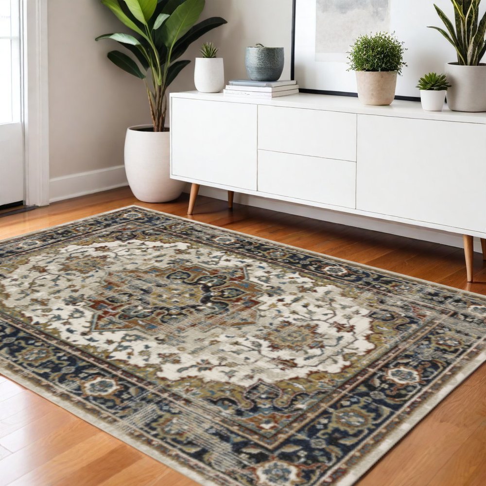 2' X 8' Beige Blue Green Rust And Grey Oriental Power Loom Stain Resistant Runner Rug