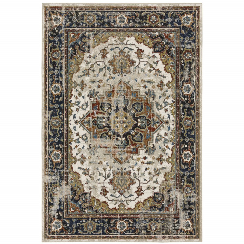 2' X 8' Beige Blue Green Rust And Grey Oriental Power Loom Stain Resistant Runner Rug
