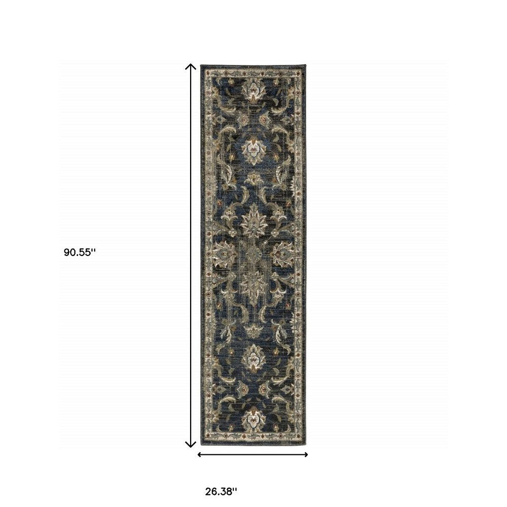 5' X 7' Charcoal Blue Gold Rust And Beige Oriental Power Loom Stain Resistant Area Rug