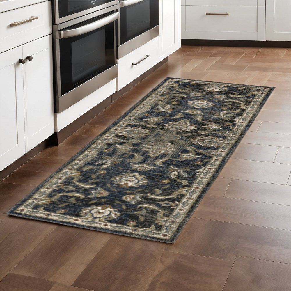5' X 7' Charcoal Blue Gold Rust And Beige Oriental Power Loom Stain Resistant Area Rug