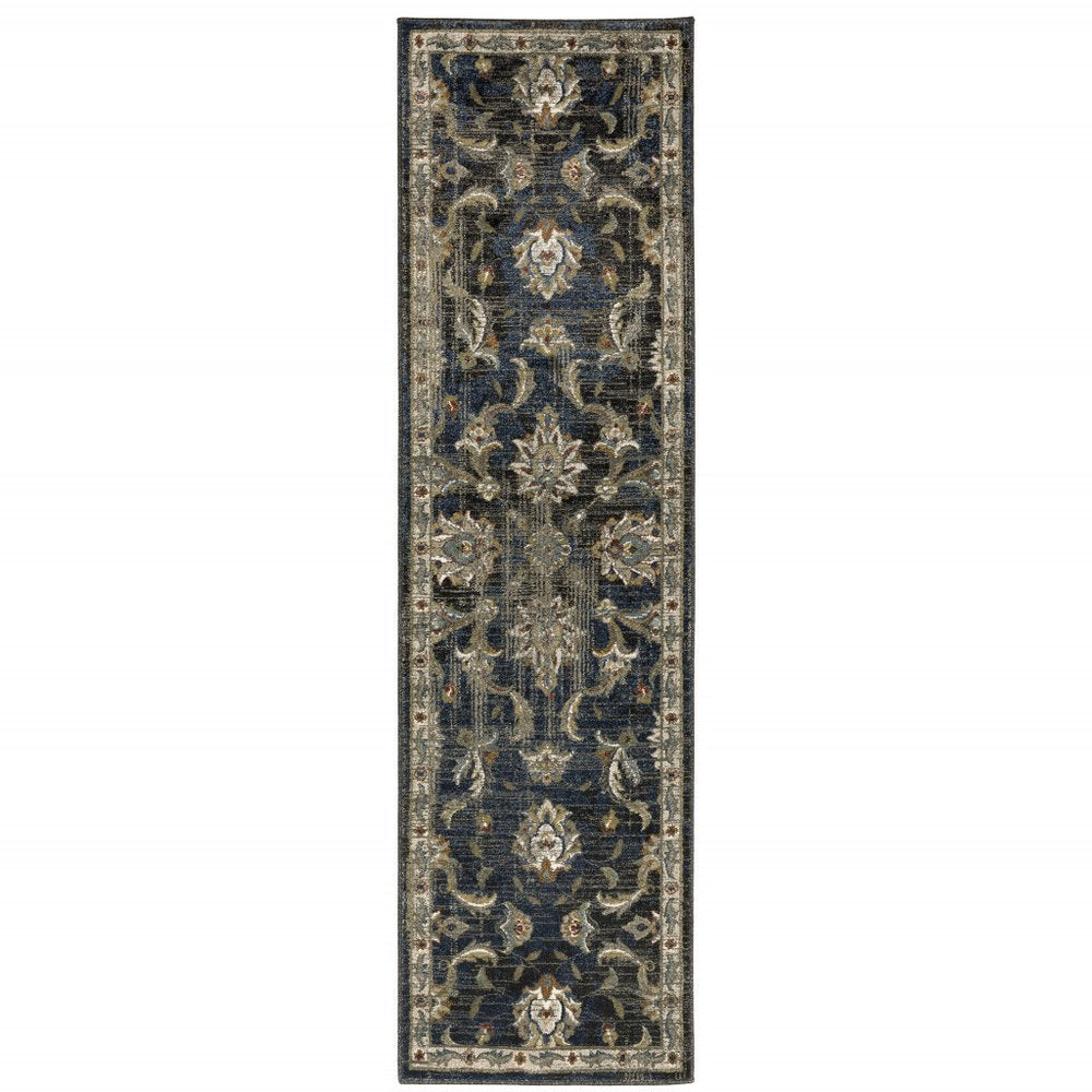 5' X 7' Charcoal Blue Gold Rust And Beige Oriental Power Loom Stain Resistant Area Rug