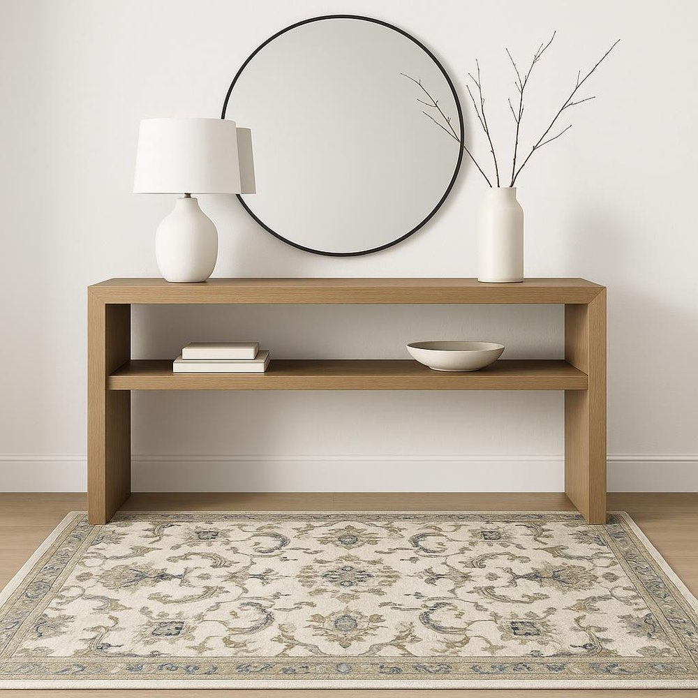 5' X 7' Charcoal Blue Gold Rust And Beige Oriental Power Loom Stain Resistant Area Rug