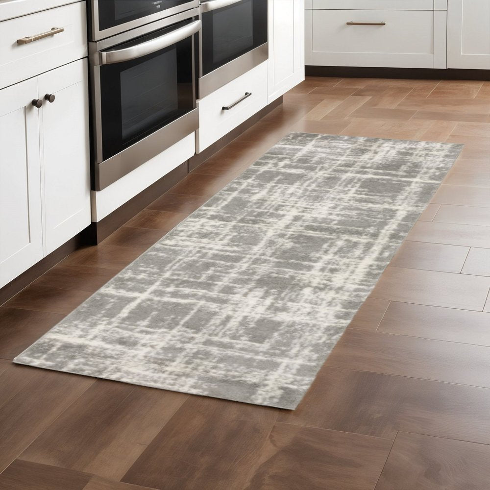 2' X 8' Grey And Ivory Abstract Shag Power Loom Stain Resistant Runner Rug