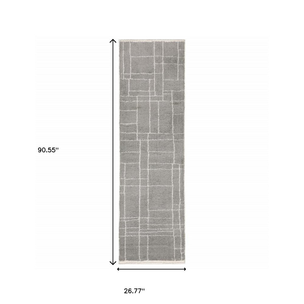 2' X 3' Grey And Ivory Geometric Shag Power Loom Stain Resistant Area Rug