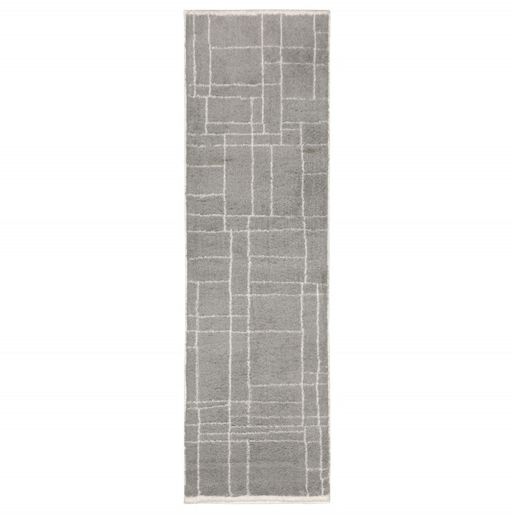 2' X 3' Grey And Ivory Geometric Shag Power Loom Stain Resistant Area Rug