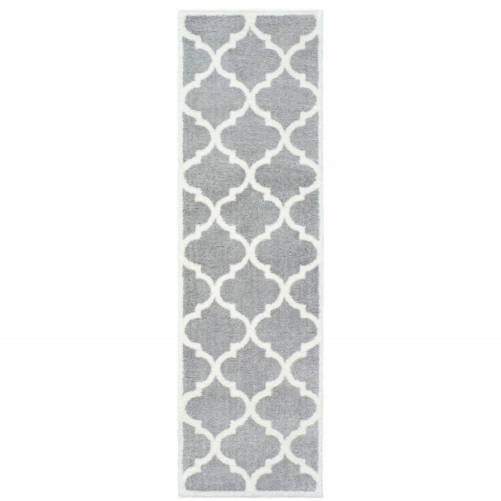 2' X 3' Grey And Ivory Geometric Shag Power Loom Stain Resistant Area Rug