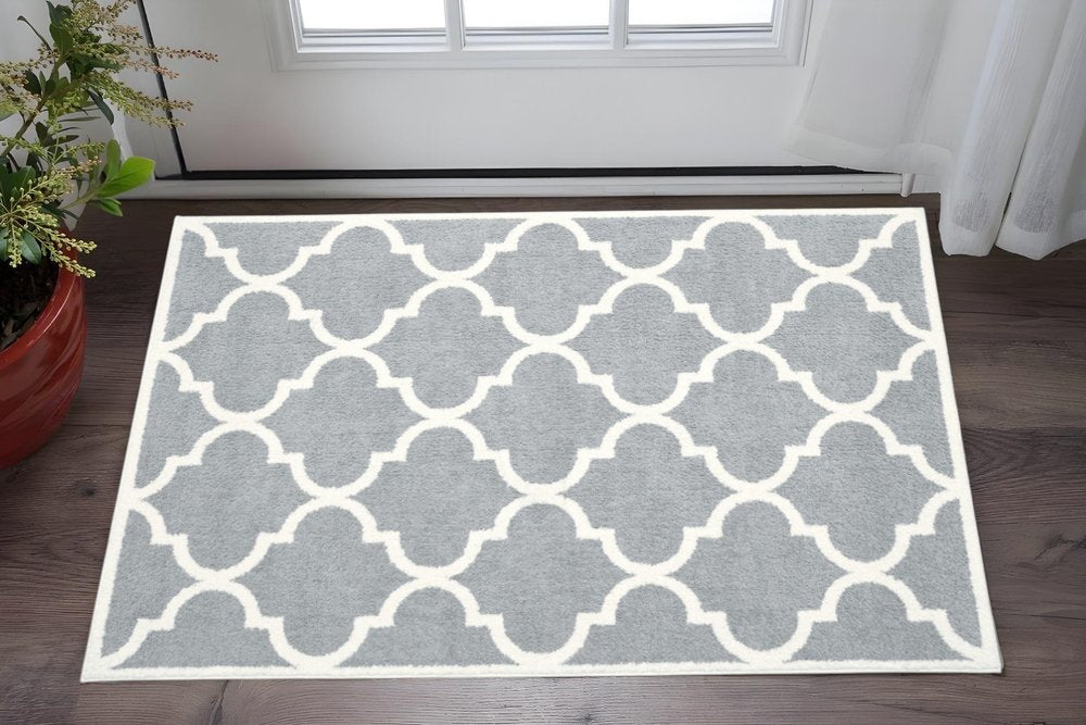 2' X 3' Grey And Ivory Geometric Shag Power Loom Stain Resistant Area Rug