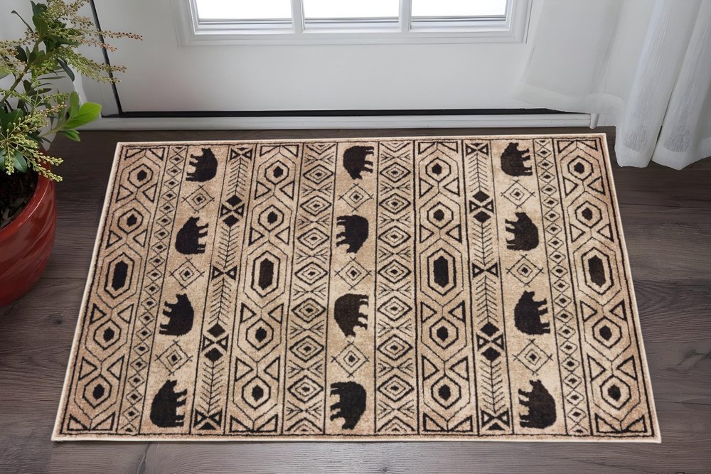8' X 10' Ivory And Black Southwestern Power Loom Stain Resistant Area Rug