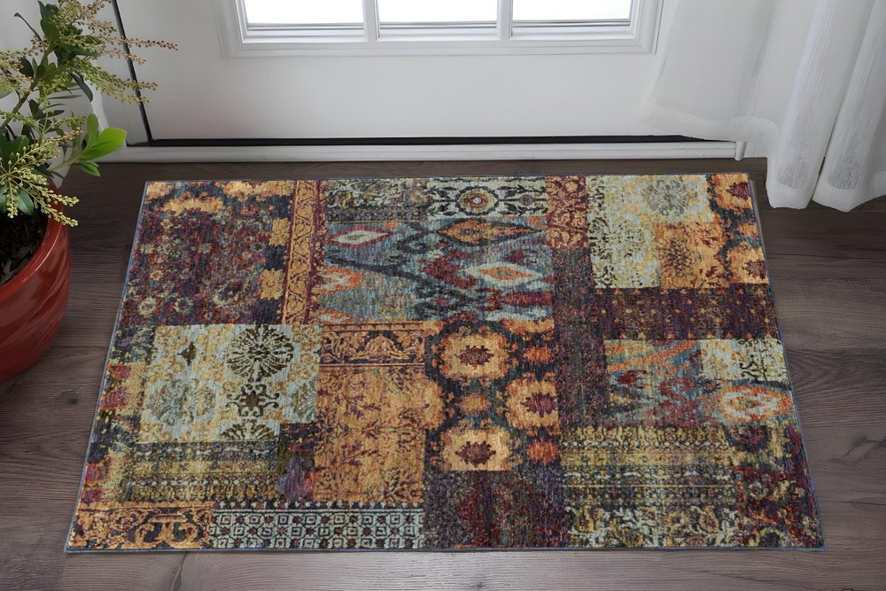 3' X 5' Blue and Gold Abstract Power Loom Area Rug