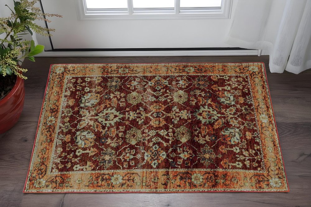 12' Red Gold And Green Oriental Runner Rug