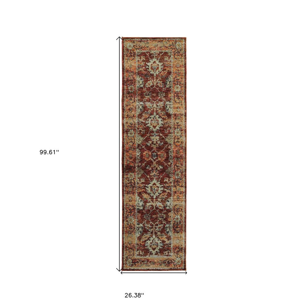 12' Red Gold And Green Oriental Runner Rug
