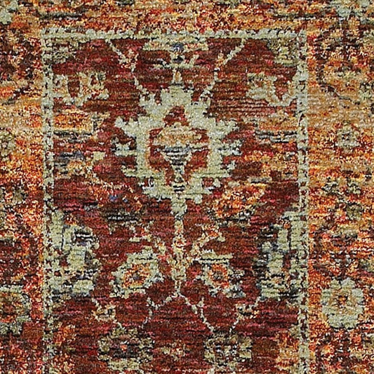12' Red Gold And Green Oriental Runner Rug